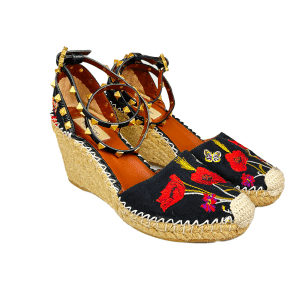 Canvas Embroidered Ankle Strap Espadrille Wedge Sandals 37